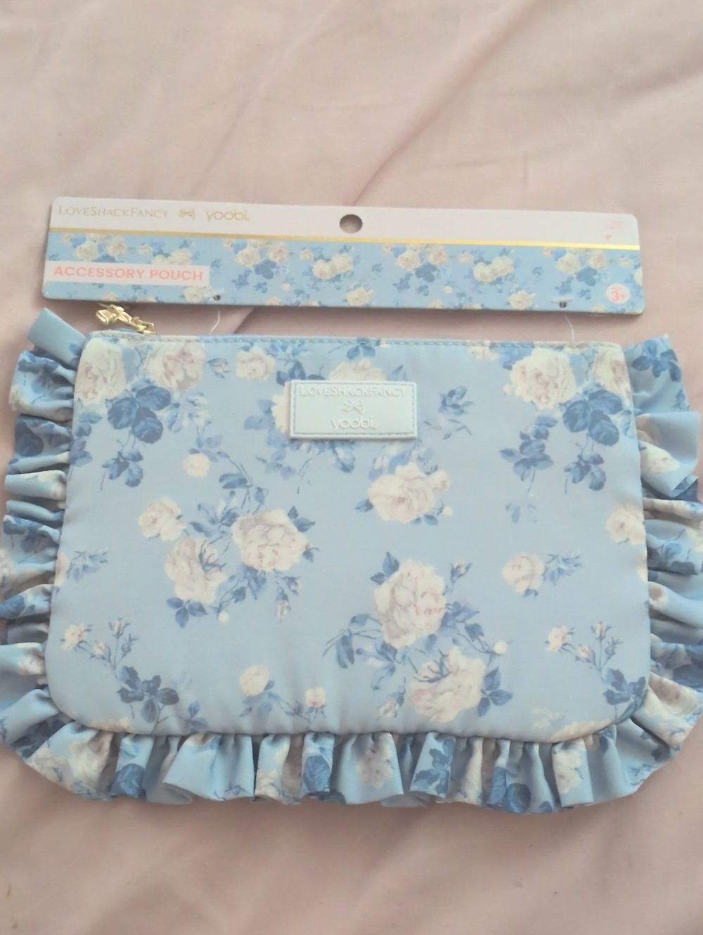 LoveShackFancy Light Blue Floral Ruffle Accessory Pouch nwt